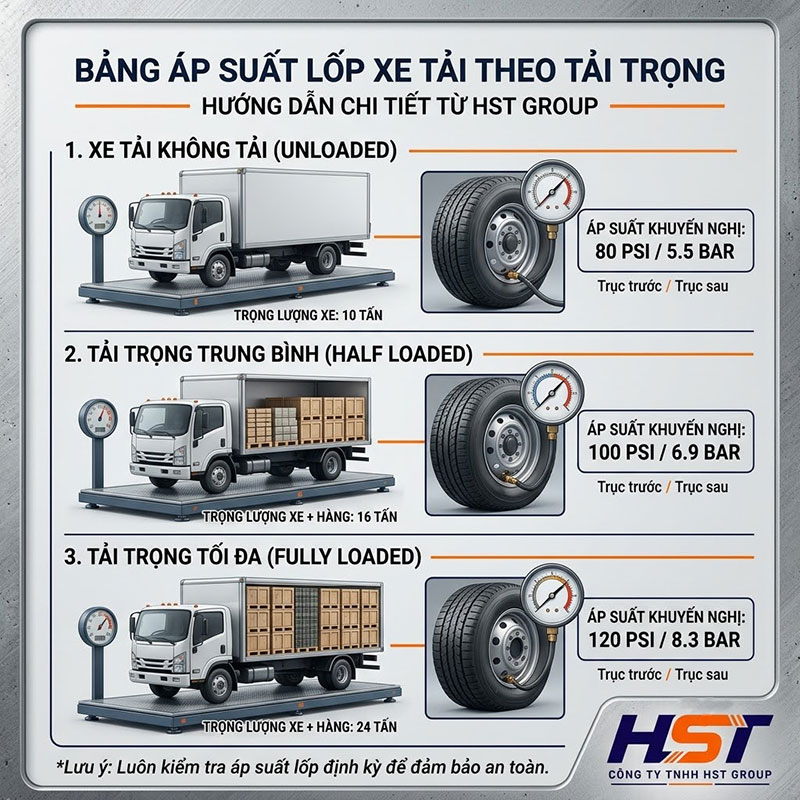 Áp Suất Lốp Xe Tải Theo Tải Trọng